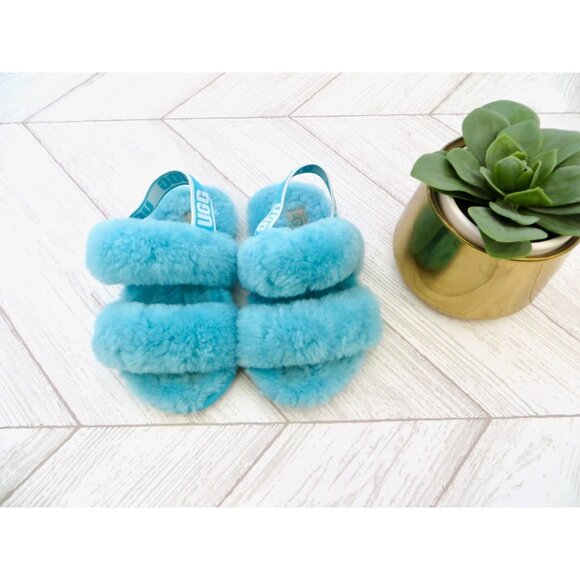 NEW! UGG Fluff Yeah Slide Sheepskin Slippers Water Blue Toddler SZ 8 - Picture 1 of 5